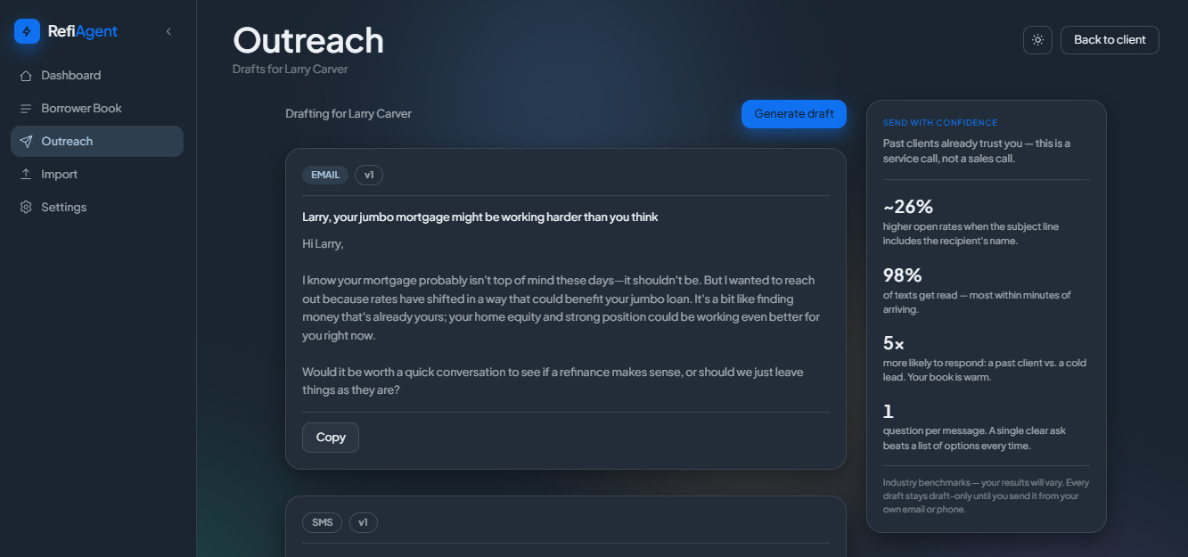 Drafted email and text outreach, written by RefiAgent, sent by you